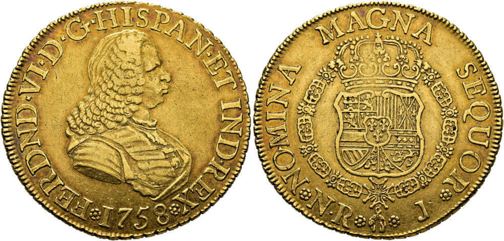 Lot 2038: Gold 8 escudos. Fernando VI. 1758. Nuevo Reino. Scarce. Starting price: 1,600 EUR.
