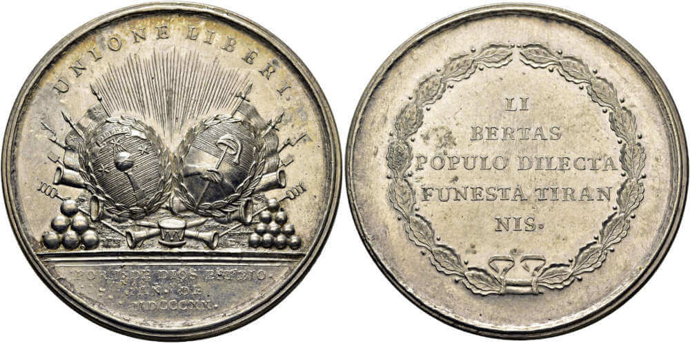 Lot 2255: Silver medal. Chile-Argentina join against Spain. 1820. Unique? Highly important piece. Starting price: 4,000 EUR.