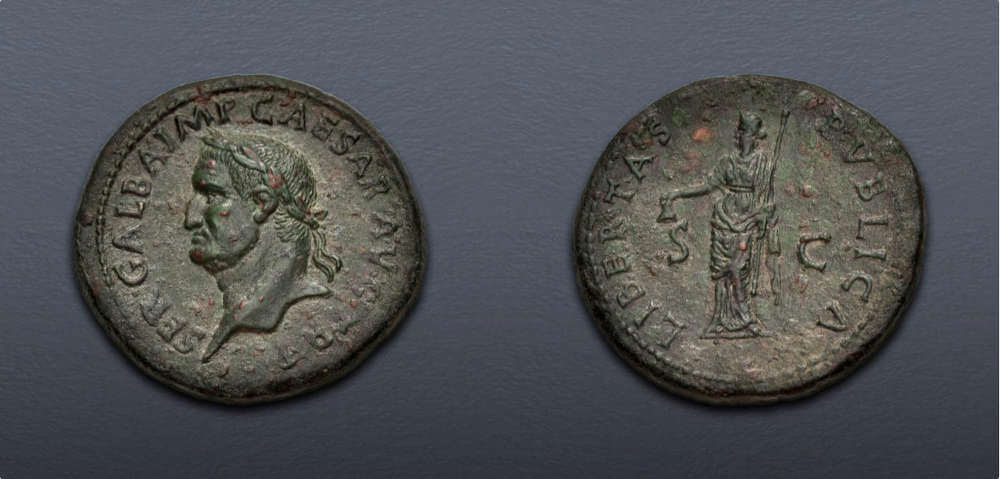 Lot 509: Roman Imperial. Galba. AD 68-69. Æ Sestertius. Rome mint, 3rd officina. Struck circa October AD 68. Very Fine. Estimate: $1,000.