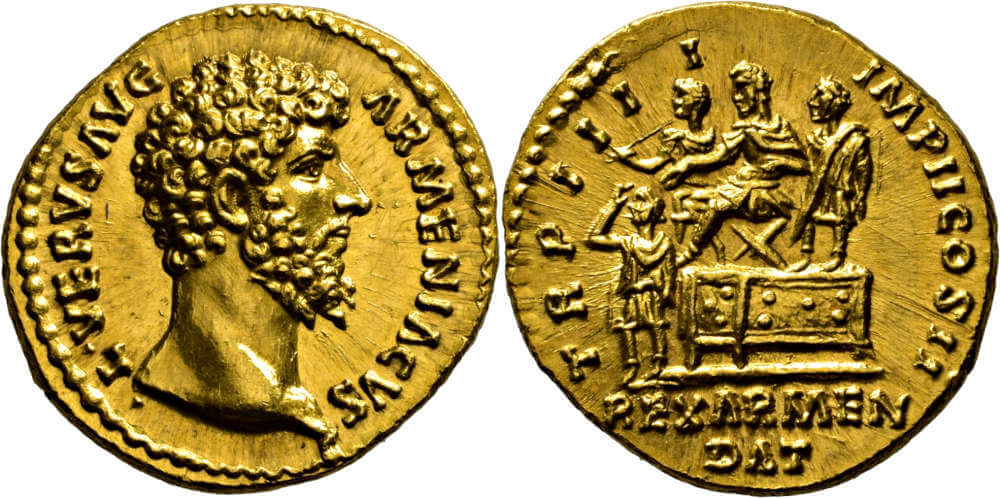 Lot 586: Roman Empire. Lucius Verus (161-169). Aureus 163/164, Rome, on the occupation of Armenia and the installation of a new client king there. Superb example. A few hairline scratches in the obverse, extremely fine uncirculated. From a Private collection completed in 1951. Estimate: 15,000 EUR. Hammer price: 19,000 EUR.