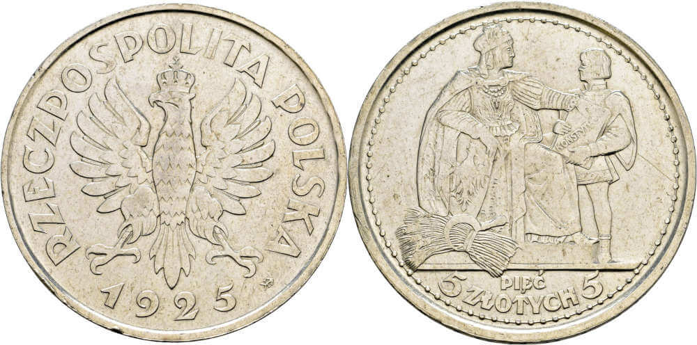 Lot 2079: Poland. 1st Republic (1918-1939). 5 zlotych 1925, constitution, variant with 81 pearls. Very fine. Estimate: 1,500 EUR. Hammer price: 4,200 EUR.