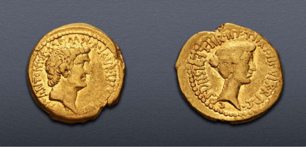 Lot 531: Roman Imperatorial. The Triumvirs. Mark Antony and Octavia. Summer-autumn 39 BC. AV Aureus. Athens mint. Near Very Fine. Estimate: $40,000.