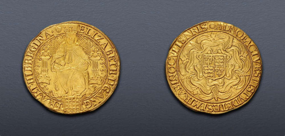 Lot 978: British. Tudor. Elizabeth I. 1558-1603. AV Sovereign. Sixth issue, fine gold coinage. Tower (London) mint; im: escallop. Struck 1584-1586. NGC AU 55. Estimate: $25,000.
