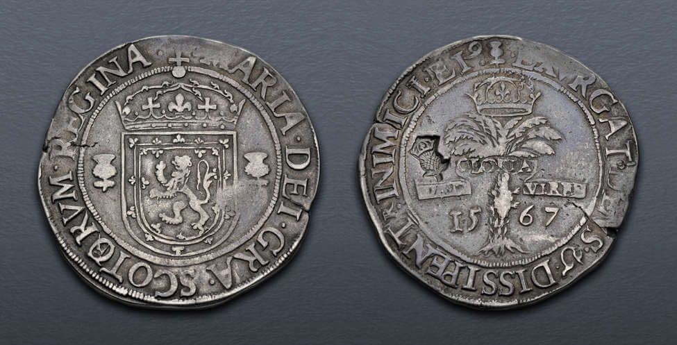 No. 5636878: British. Scotland. Mary. 1542-1567. AR Ryal. Fifth period. Edinburgh mint. Dated 1567, revalued 1578. Richly toned, small flan crack. Very Fine. Crisply struck countermark. An interested unrecorded obverse with the second O of SCOTORVM punched over an R. Price: $2,750.