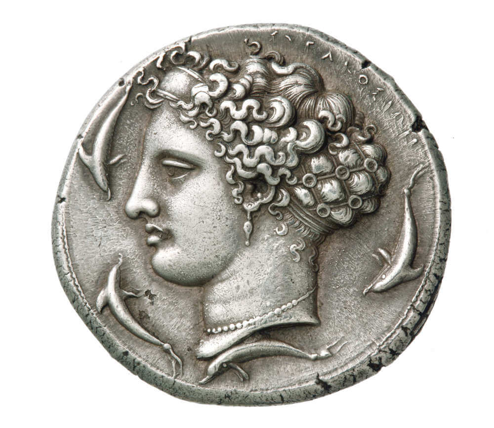 Nymph Arethousa. Silver decadrachm of Syracuse, Sicily, 400 BC. Alpha Bank 7347o.