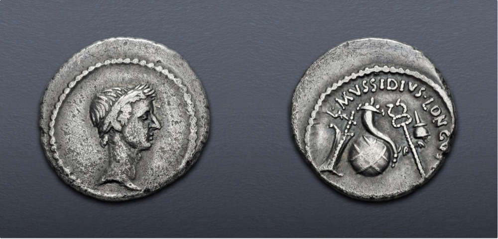  Roman Republic. The Caesarians. Julius Caesar. 42 BC. Denarius. Rome mint; L. Mussidius Longus, moneyer. Very Fine. Estimate: $1,500.