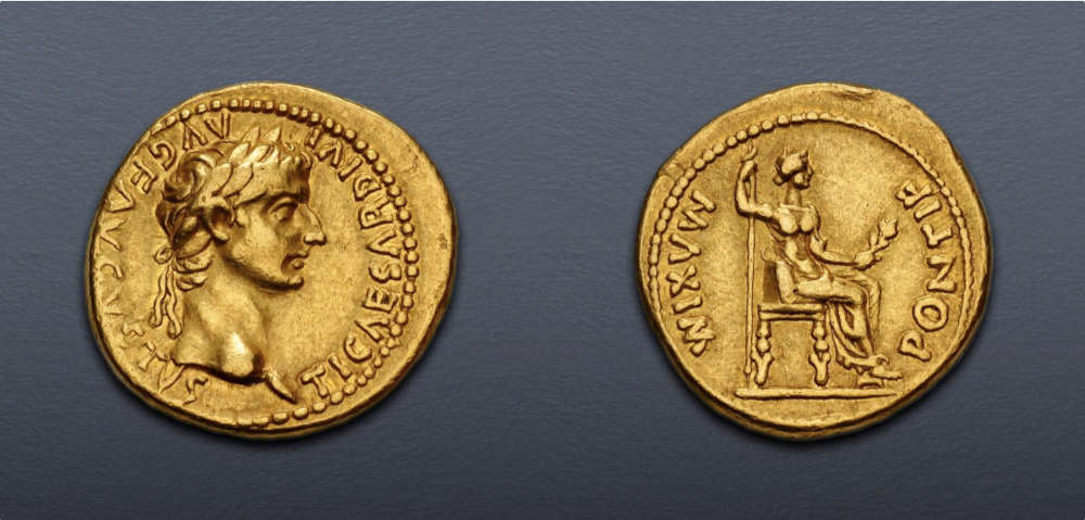 Roman Imperial. Tiberius. AD 14-37. Aureus. “Tribute Penny” type. Lugdunum (Lyon) mint. Group 5, AD 36-37. Good VF. Estimate: $3,000.