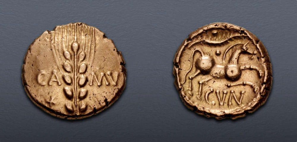 Celtic, Trinovantes & Catuvellauni. Cunobelin. Circa AD 10-43. Stater. Linear type (Trinovantian U). Camulodunum mint. Near Extremely Fine. Estimate: $200.