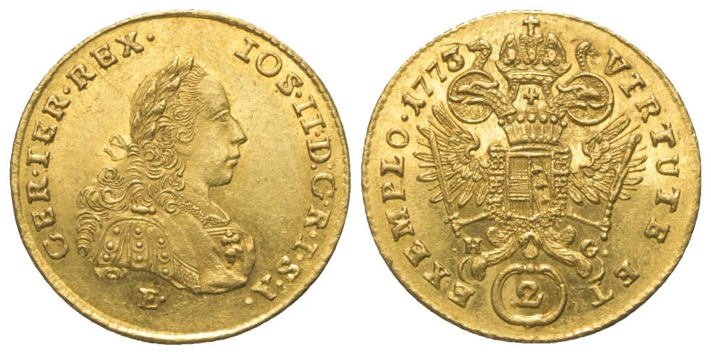 Lot 1261: Habsburg dynasty. Joseph II. 2 Ducats 1773 E, Karlsburg. Estimate: 1,600 EUR.