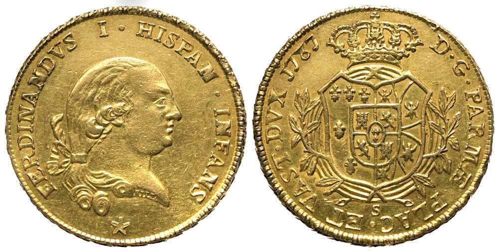 Lot 1266: Parma – Duchy. Ferdinando I. Borbone. 4 Doppie 1787. Estimate: 2,800 EUR.