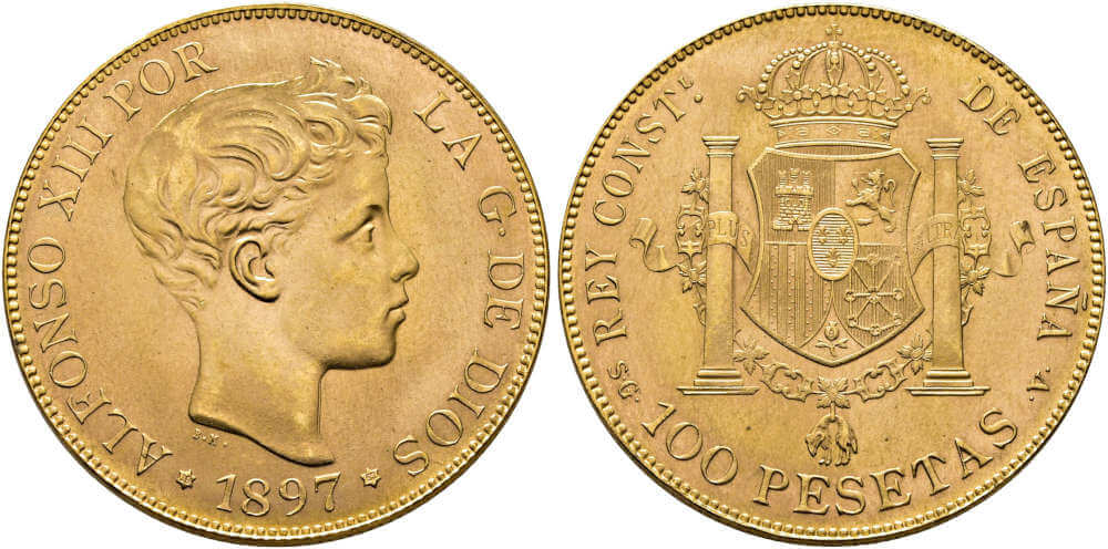 Lot 2611: Spain. Alfonso XII. 100 pesetas. 1897*1962, Madrid. Official restrike from 1962. Extremely fine. Starting price: 1,620 EUR.