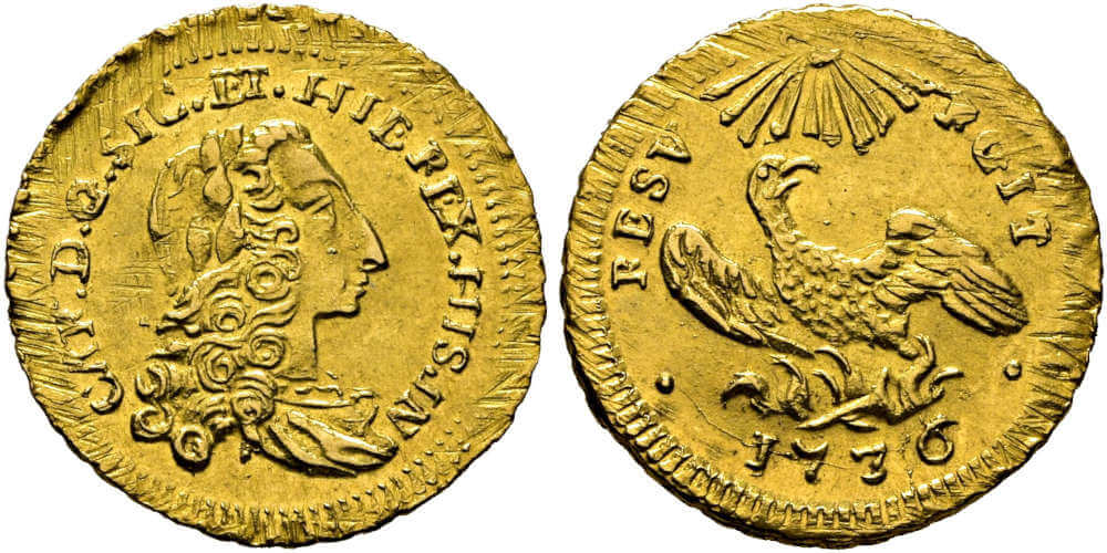 Lot 2622: Palermo. Carlos III. Onza, 1736, Palermo. Phoenix. Extremely fine. Starting price: 680 EUR.