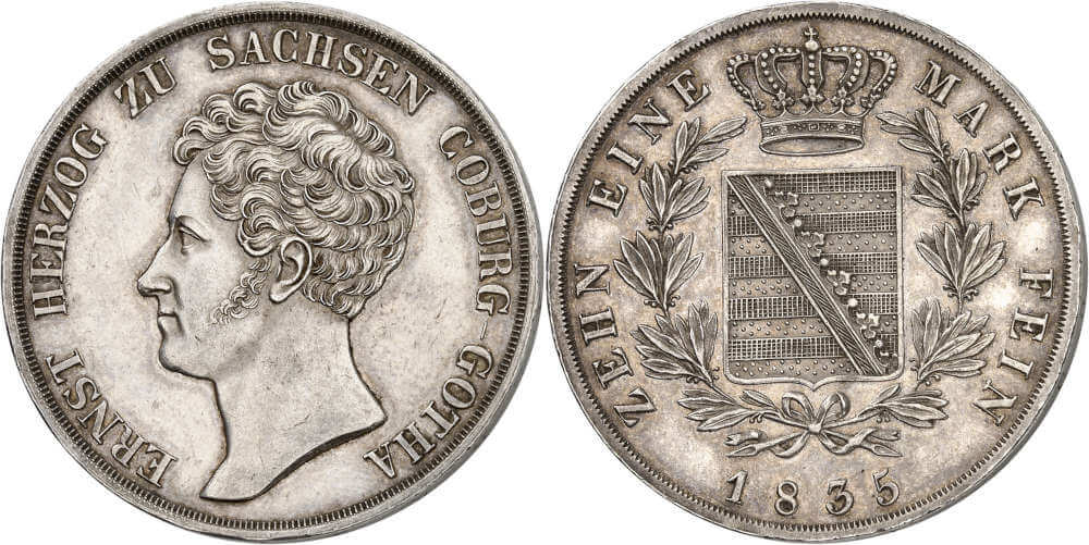 Duchy of Saxe-Coburg and Gotha, Ernest I. Konventionstaler 1835. Very rare. Extremely fine. From Künker auction 388 (22 June 2023), No. 1643. Estimate: 5,000 euros.