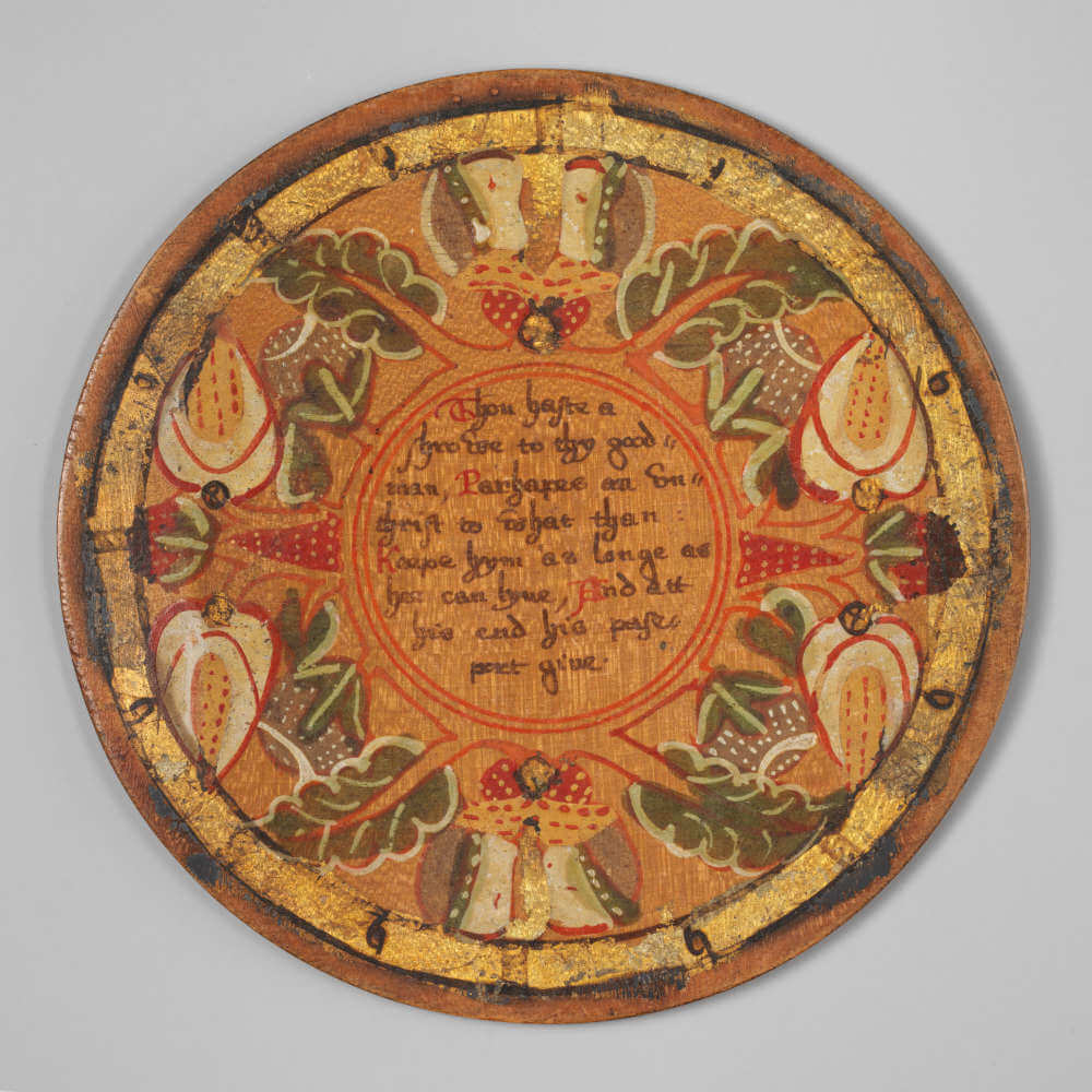 Trencher (one of a set). Late 16th-early 17th century. British. Oak and sycamore woods, painted, silvered and yellow varnished; inscription: ink (animal or vegetable) Diameter: 5 in. (12.7 cm). Gift of Irwin Untermyer, 1964. 64.101.1576.