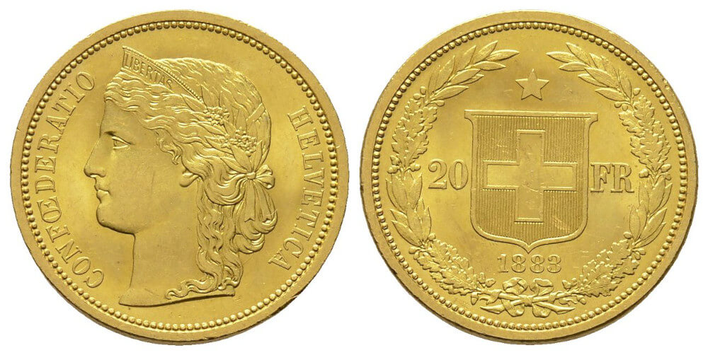 20 Franken 1883: Die erste Goldmünze der Schweiz. Aus Auktion Künker eLive 54-2019-855. CoCo CH-1883-0001.