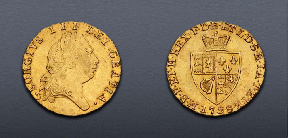 Lot 841: British. Hanover. George III (1760-1820). Half Guinea. Dated 1798. Near Extremely Fine. Estimate: $300.