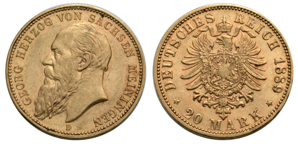 Lot 795: Sachsen-Meiningen. Georg II. (1866-1914). 20 Mark 1889 D. Very fine to extremely fine. Estimate: 6,000 EUR.