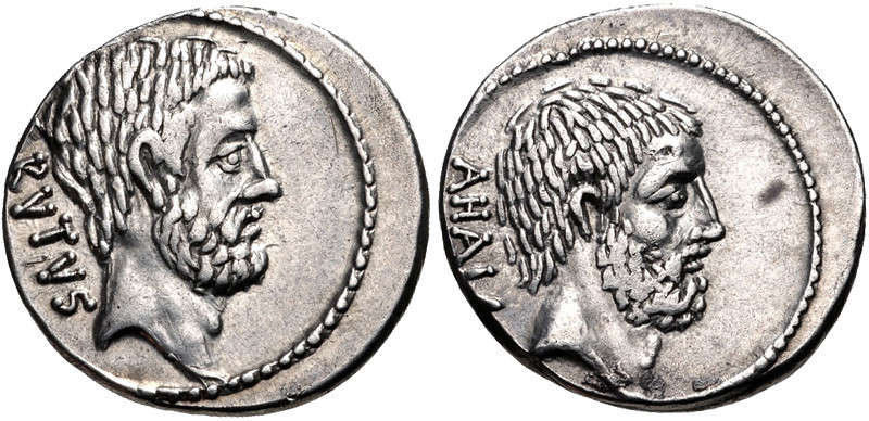Lot 458: Roman Republic. Q. Servilius Caepio (M. Junius) Brutus. Denarius, 54 BC, Rome mint. Lightly toned, faint hairlines, otherwise Good Very fine. Starting Price: £150.