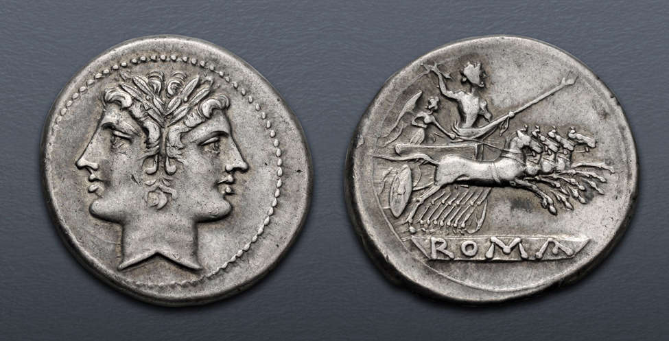 No. 5619873: Roman Republic. Anonymous. Circa 225-212 BC. Didrachm – Quadrigatus. Uncertain mint. Toned, some marks. Near Extremely Fine. Price: $2,450.