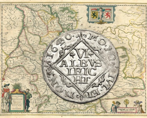 A map of the Duchy of Jülich-Berg by Willem and Joan Blaeu, 1645 and the reverse of the newly discovered denomination of a 6 Albus light of 1640.