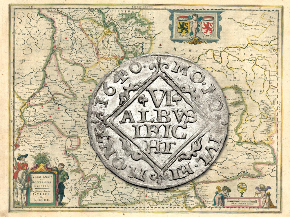 A map of the Duchy of Jülich-Berg by Willem and Joan Blaeu, 1645 and the reverse of the newly discovered denomination of a 6 Albus light of 1640.