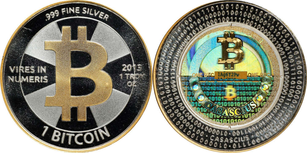 Lot 4004: 2013 Casascius “Gold Rim” 1 Bitcoin. Loaded. Firstbits 1Ag6Y2Pw. Series 3. Silver. Proof-69 Deep Cameo (PCGS). Result: $78,000.