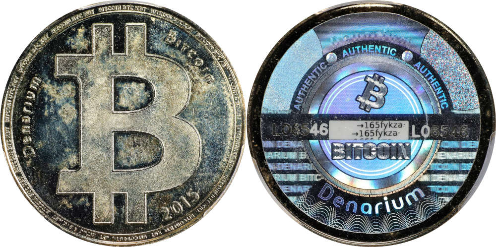  Lot 4036: 2015 Denarium “Custom Series” 1 Bitcoin. Loaded. Pre-Funded. Firstbits 165fykza. Serial No. L06546. Brass. MS-62 (PCGS). Result: $33,600.