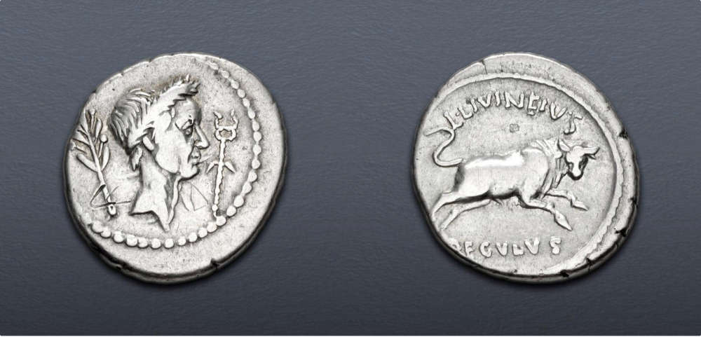  Lot 394: Roman Republican. The Caesarians. Julius Caesar. 42 BC. Denarius. Rome mint; L. Livineius Regulus, moneyer. Very Fine. Estimate: $1,000.