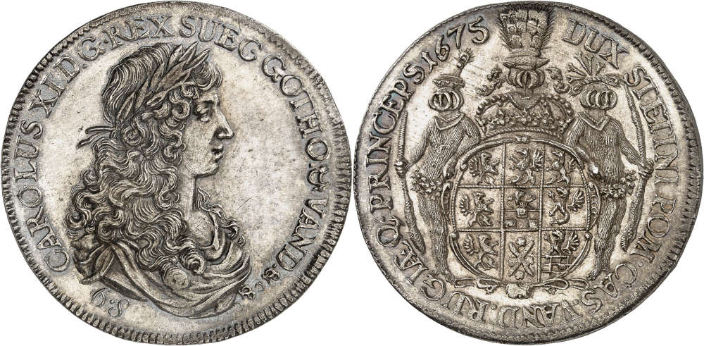 No. 15: Sweden. Charles XI, 1660-1697. 1675 reichstaler, Stettin. Extremely rare. From the Carl Friedrich Pogge Collection, Hamburger auction 36 (1903), lot No. 1186, Lars Emil Bruun, Israel Berghman, Virgil Brand and Gunnar Ekström. Extremely fine to FDC. Estimate: 15,000 euros. Hammer price: 50,000 euros.