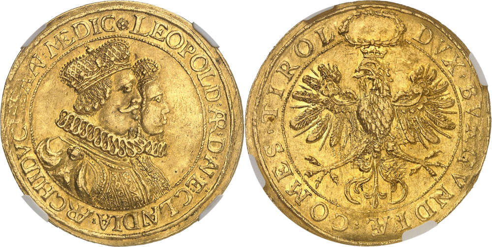 No. 294: Holy Roman Empire. Tyrol. Archduke Leopold V, 1619-1632. 8 ducats n.d. (1626), Hall, commemorating the wedding to Claudia de’ Medici. From the Rudolf Scherer Collection (1912). NGC AU55 (Top Pop). Extremely rare. About extremely fine. Estimate: 100,000 euros. Hammer price: 105,000 euros.