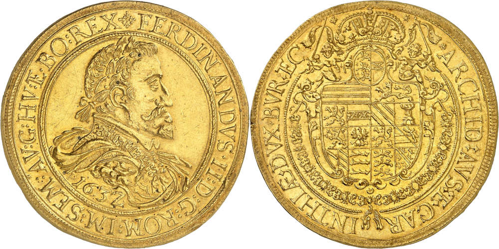 No. 293: Holy Roman Empire. Ferdinand II, 1592-1618-1637. 10 ducats 1632, St. Veit. From the Kroisos Collection, Stack’s auction (2010), No. 483. Extremely rare. Extremely fine. Estimate: 125,000 euros. Hammer price: 110,000 euros.