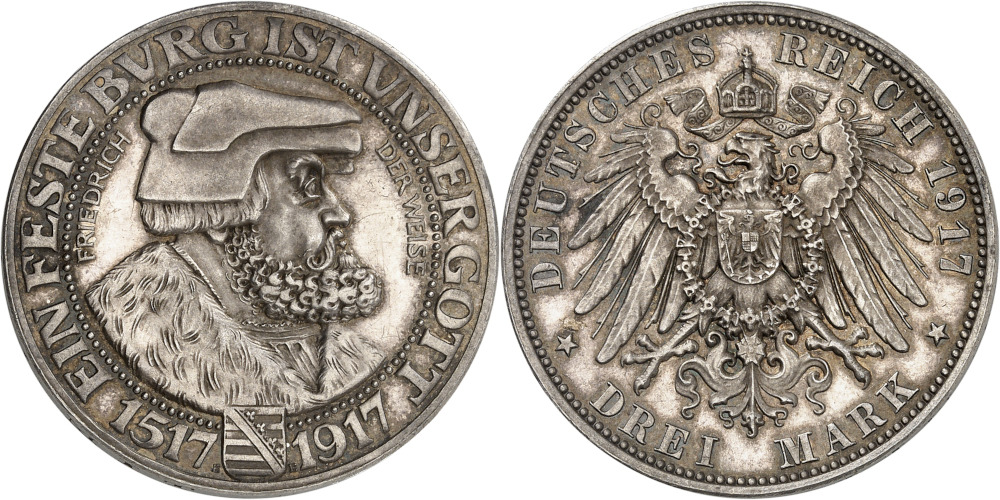 No. 1798: German Empire. Saxony. 3 marks 1917. Frederick the Wise. The rarest silver coin of the German Empire. Proof. Estimate: 100,000 euros. Hammer price: 110,000 euros.