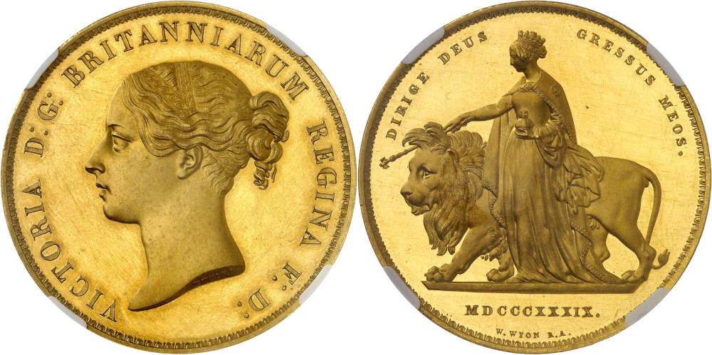 No. 127: Great Britain. Victoria, 1837-1901. 5 pounds 1839, London, “Una and the Lion“. Very rare. NGC PF61 CAMEO. Proof, minimally touched. Estimate: 100,000 euros. Hammer price: 190,000 euros.