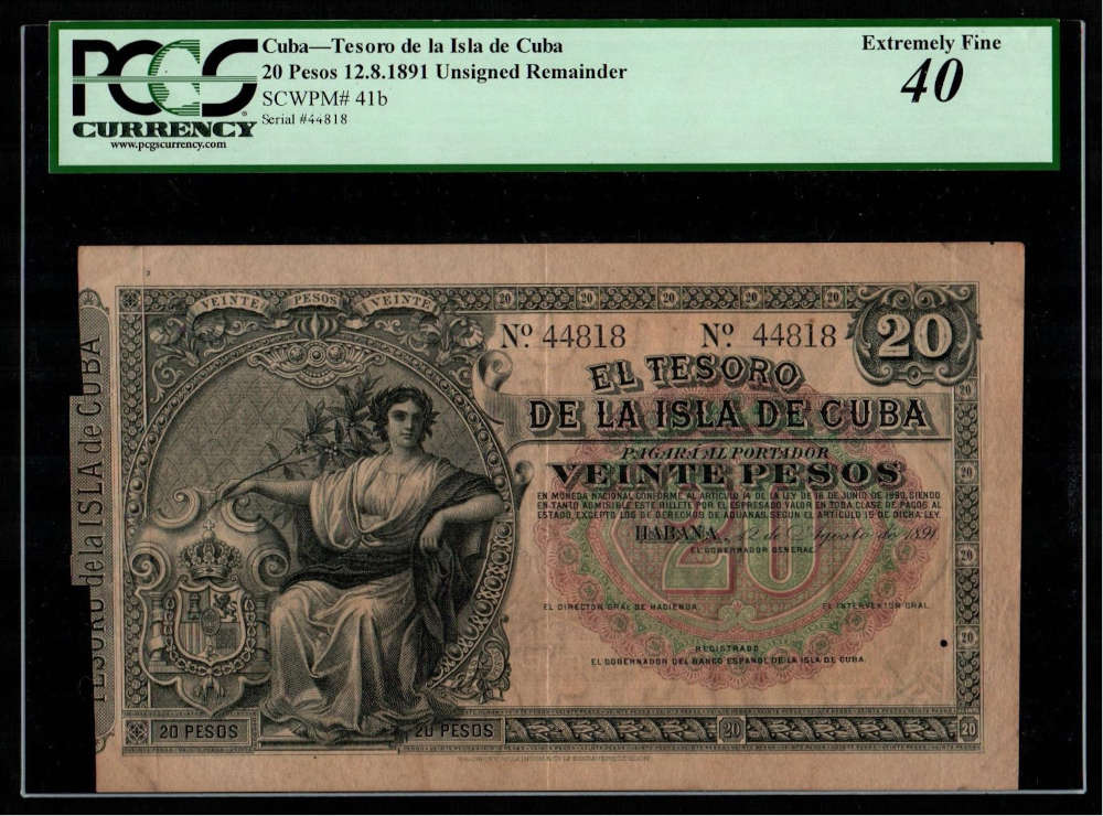 Lot 3040: Tesoro de la Isla de Cuba. 12 de agosto de 1891. 20 pesos. PCGS 40. Starting price: 800 EUR.