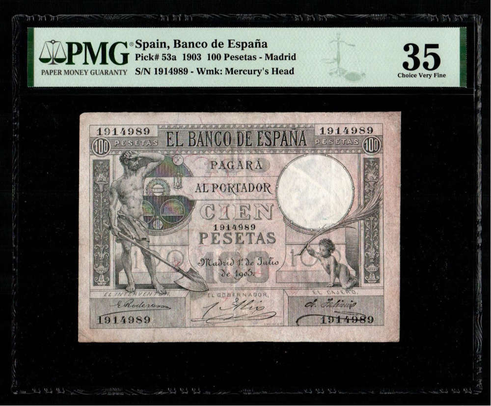 Lot 3079: 1 de julio de 1903. 100 pesetas. PMG 35. Starting price: 7,000 EUR.