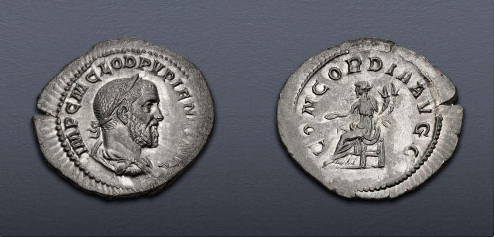 Lot 451: Roman Imperial. Pupienus (AD 238). Denarius. Rome mint. 2nd emission. Near Extremely Fine. Estimate: $400.