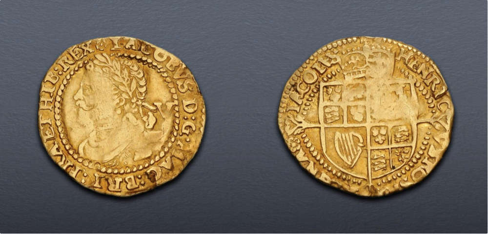 Lot 762: British. Stuart. James I (1603-1625). Quarter Laurel – Crown. 1620-1621. Tower (London) mint. Third coinage. Near Very Fine. Estimate: $500.