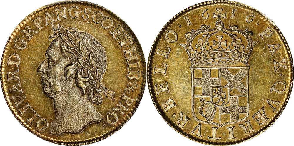 Lot 51036: Great Britain. Commonwealth. Gold Broad Pattern of 50 Shillings, 1656. London (Blondeau) Mint. Oliver Cromwell (as Lord Protector). PCGS PROOF-62 Cameo. From the Bill Barber Collection. Estimate: $300,000-$500,000.