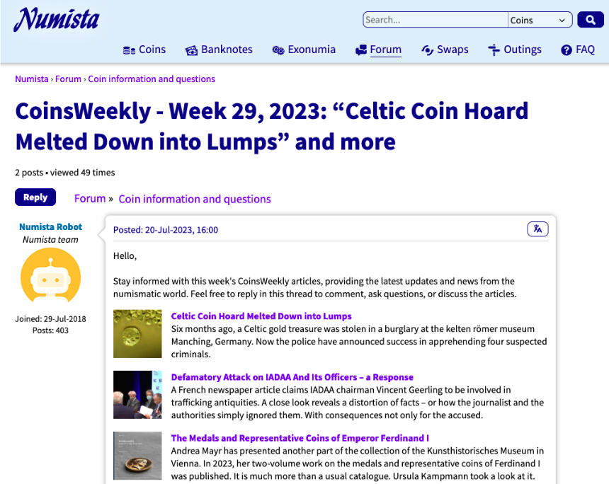 Every Thursday, an automated entry in the Numista forum lists new CoinsWeekly articles.