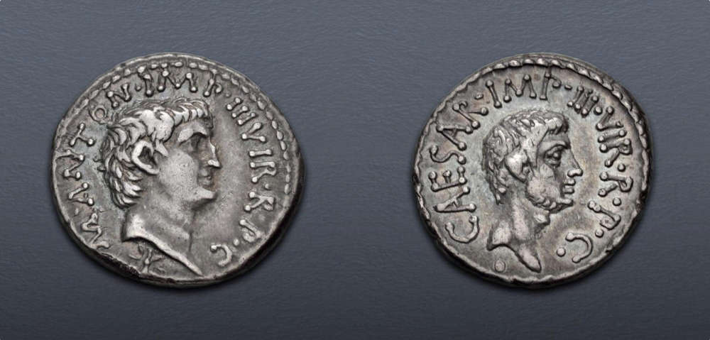 Lot 499: Roman Republican. The Triumvirs. Mark Antony and Octavian. Late 40-early 39 BC. AR Denarius. Mint in central or southern Italy. Good Very Fine. Estimate: $600.