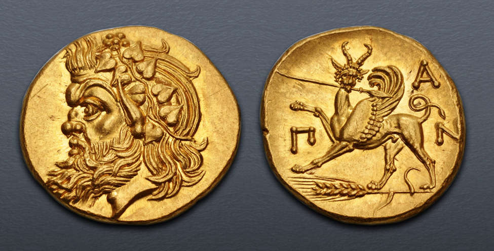No. 5644569: Greek. Cimmerian Bosporos, Pantikapaion. Circa 340-325 BC. AV Stater. Fine Style. Well struck. Mint State. Price: $175,000.