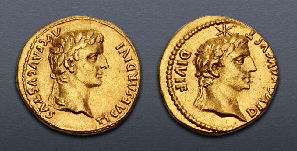No. 5620186: Roman Imperial. Tiberius, with Divus Augustus. AD 14-37. AV Aureus. Lugdunum mint. Struck AD 14-16. Lustrous, a few minor marks, some faint hairlines. Extremely Fine. Two wonderful portraits. Rare. Price: $35,000.