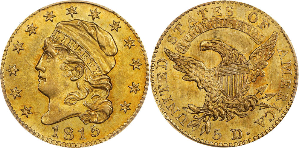 Lot 5125: 1815 Capped Head Left Half Eagle. BD-1, the only known dies. Rarity-7. MS-64 (PCGS). Only Six in Private Hands, Second Finest Known. Result: $720,000.