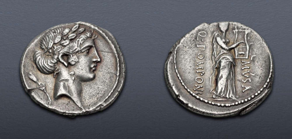 Lot 499: Roman Republic. Q. Pomponius Musa. 56 BC. Denarius. Rome mint. Good Very Fine. Extremely rare. Estimate: $15,000.