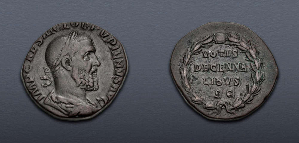Lot 404: Roman Imperial. Pupienus (AD 238). Sestertius. Rome mint. Special emission. Very Fine. Estimate: $600.