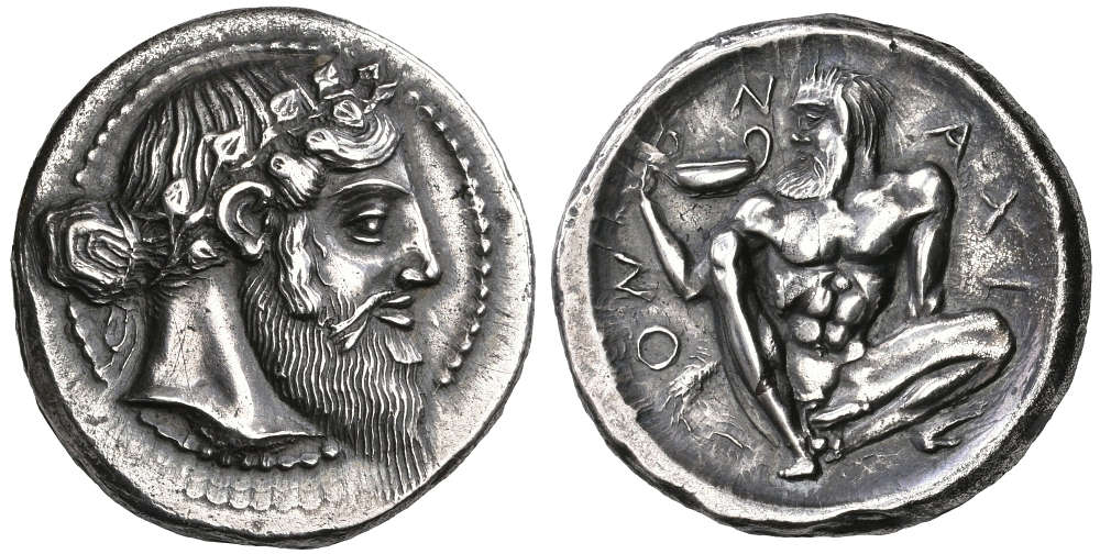 Lot 112: Sicily, Naxos. Tetradrachm, c. 460 BC, attributed to the Aitna Master. Toned and extremely fine, perfectly centred, an exceptional example, one of the finest known. Provenance: Jean-Jacques Barre. Estimate: £600,000.