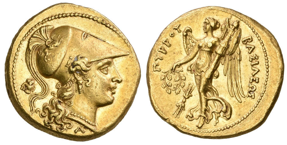 Lot 311: Kings of Epirus, Pyrrhus (295-272 BC). Gold stater, struck at Syracuse, c. 278 BC. Extremely fine and very rare, of superb Hellenistic style. Provenance: Charles Gillet collection, Kunstfreund sale; S. Weintraub collection; Nelson Bunker Hunt collection. Estimate: £200,000.