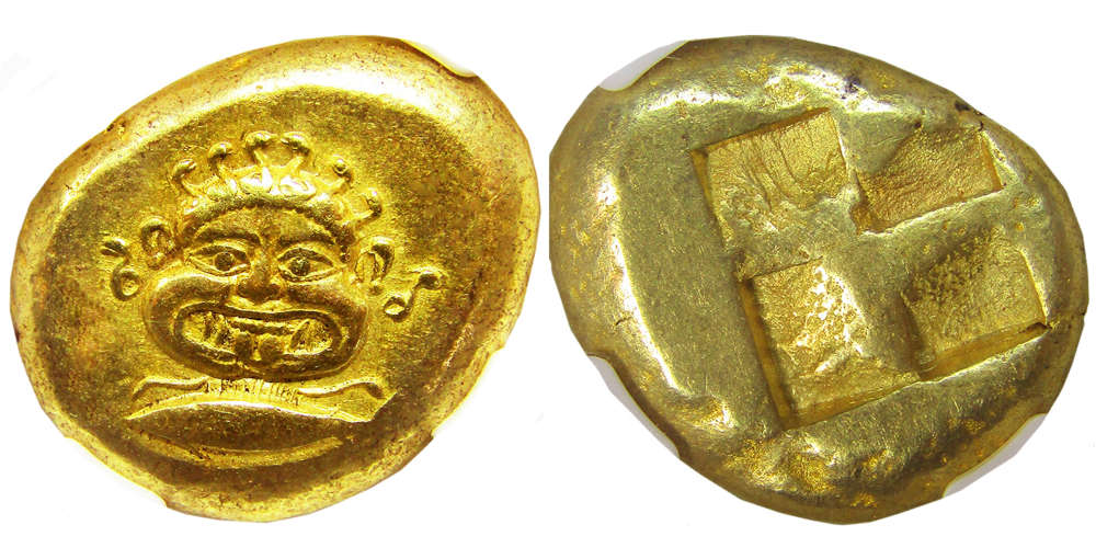  ID 4DCSP: Mysia. Cyzicus. EL Stater ca. 550-450 BC; 22 mm; 16.10 g. NGC graded Choice XF ★ Strike: 5/5 - Surface: 4/5. This iconic image is struck from attractive dies on an oval, pale lemon flan, perfectly centred with proof-like fields. Quite beautiful in hand.