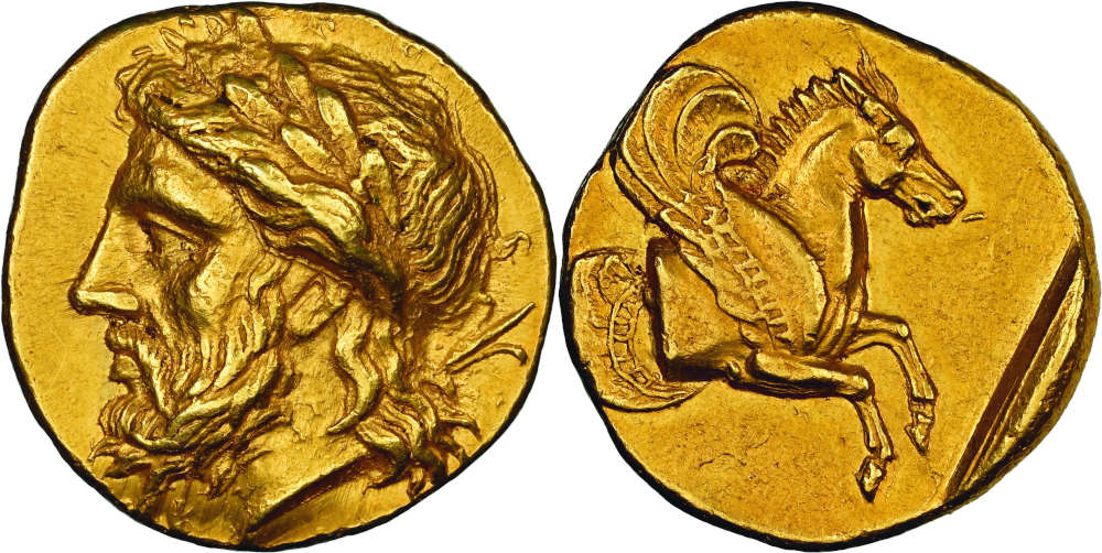 Lot 12: Lampsakos (Mysia). Gold stater, around 350 BC. From Feuardent-Leman auction (1921), No. 57; from the Engel-Gros and J. J. Grano Collections. From NGSA auction 1 (2000), No. 97 (cover piece) and NGSA 8 (2014), No. 46. NGC AU 5/5 4/5 Fine Style. Estimate: 80,000 euros.