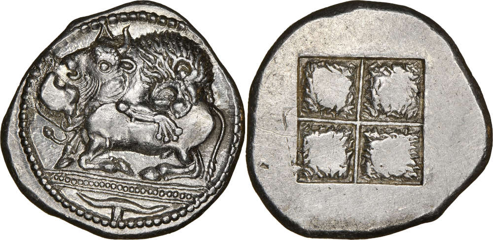 Lot 14: Akanthos (Macedonia). Tetradrachm, 480-470. NGC MS* 5/5 4/5 Fine Style. Estimate: 60,000 euros.